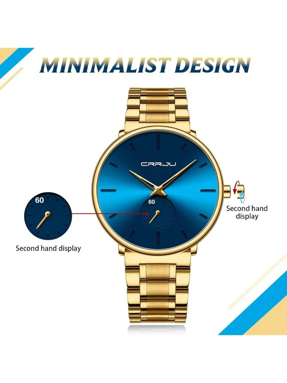 Unisex Blue Gold Ultra-Thin Minimalist Waterproof Stainless Steel Band Watch